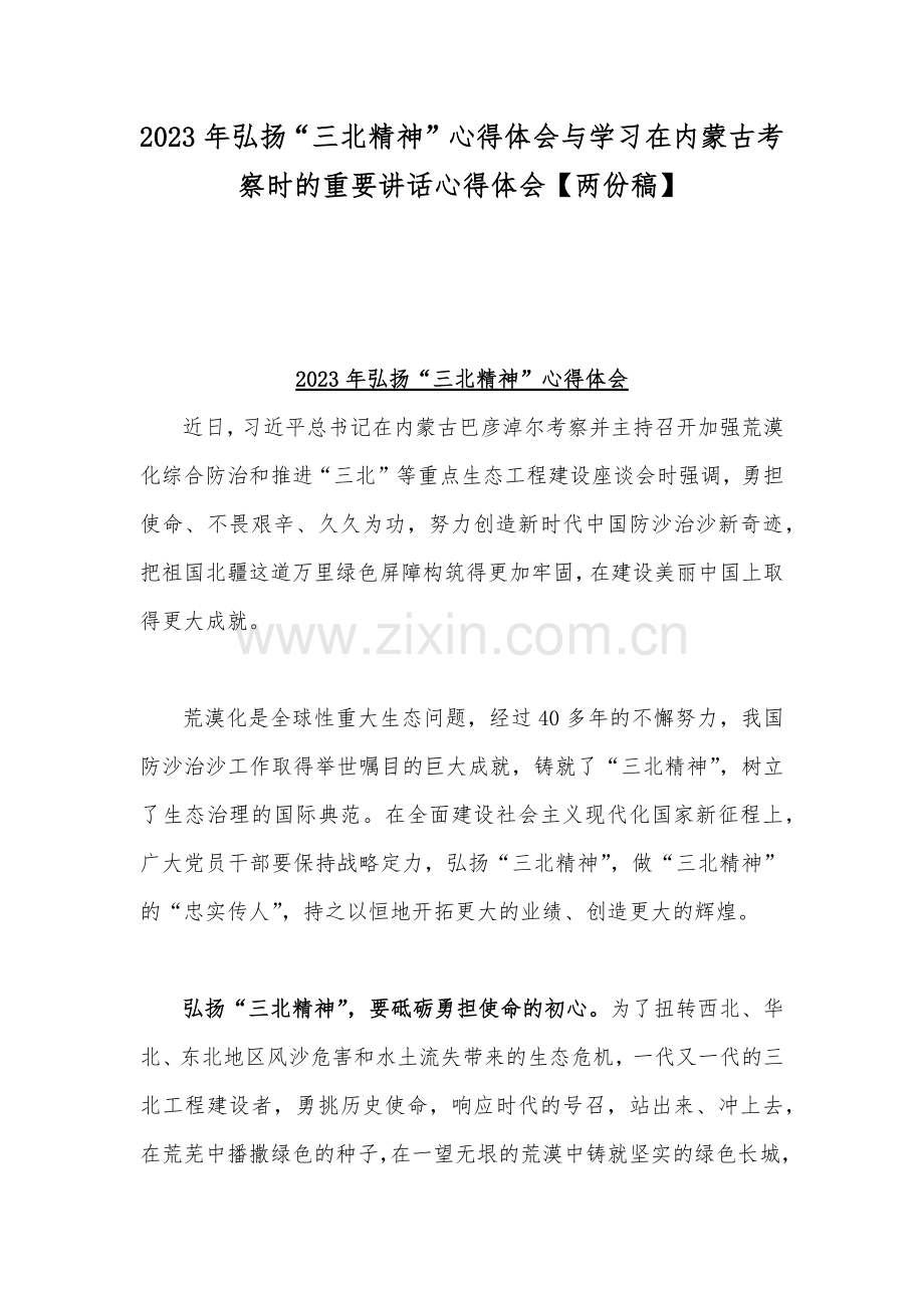 2023年弘扬“三北精神”心得体会与学习在内蒙古考察时的重要讲话心得体会【两份稿】.docx_第1页