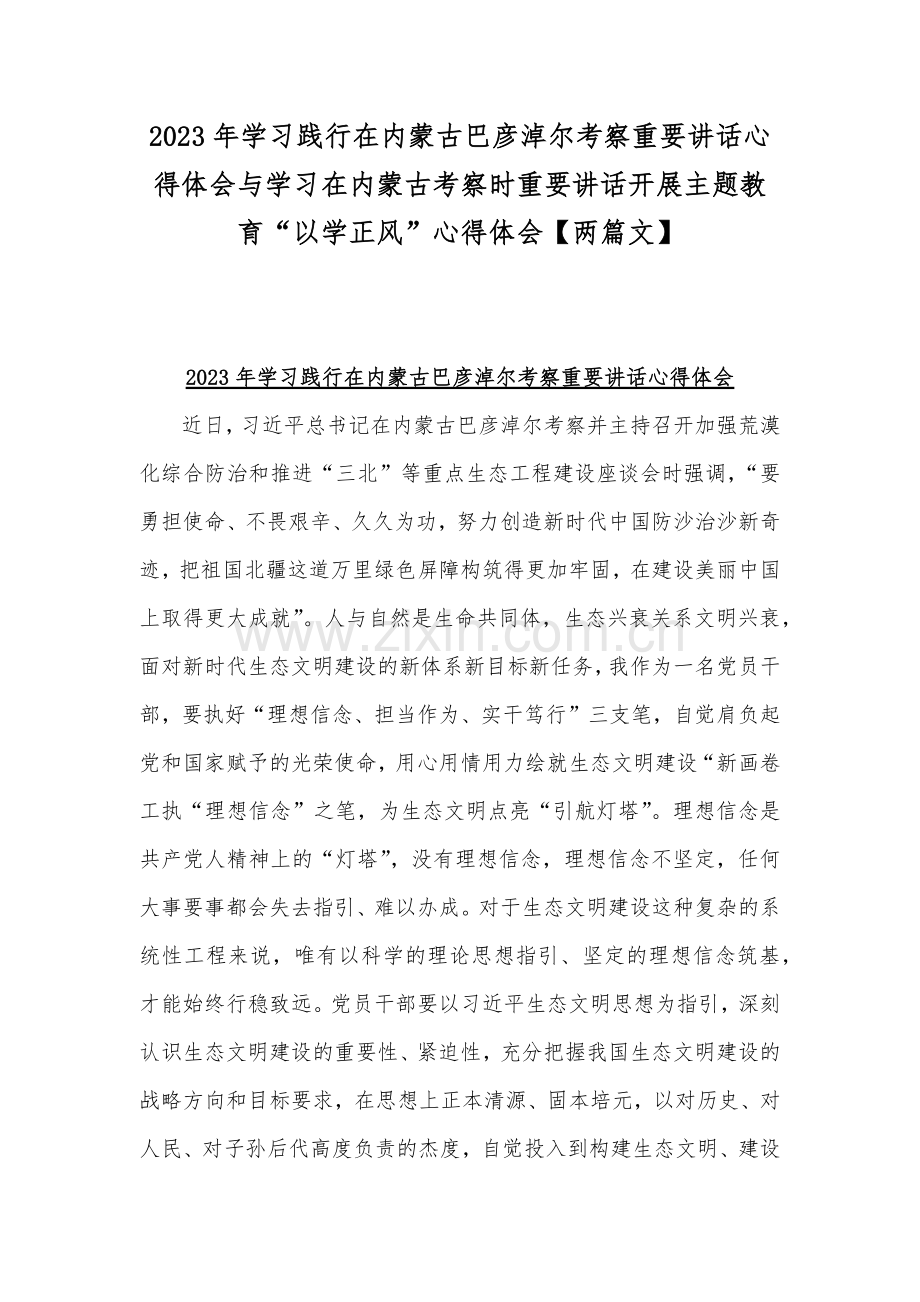 2023年学习践行在内蒙古巴彦淖尔考察重要讲话心得体会与学习在内蒙古考察时重要讲话开展主题教育“以学正风”心得体会【两篇文】.docx_第1页