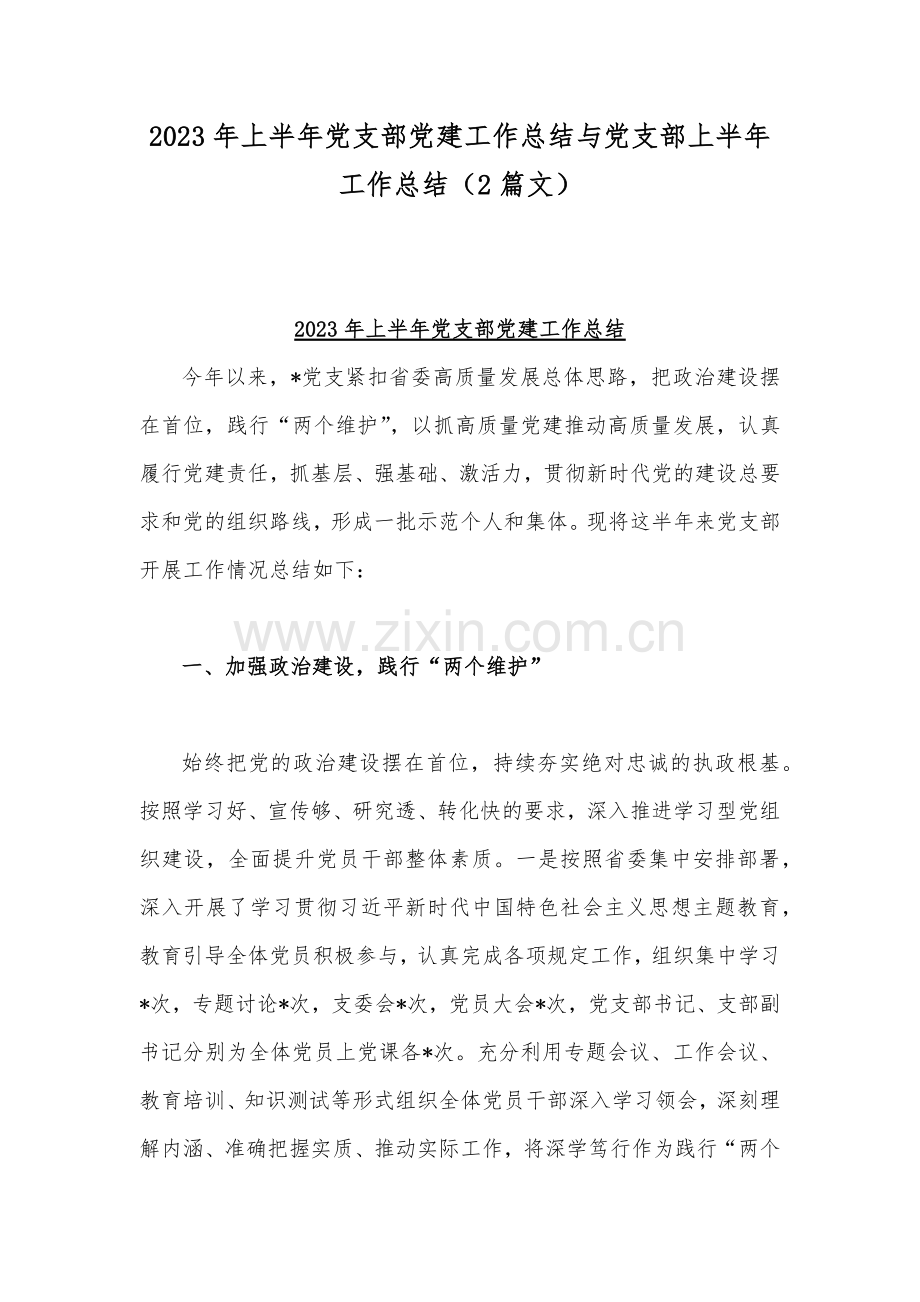 2023年上半年党支部党建工作总结与党支部上半年工作总结（2篇文）.docx_第1页