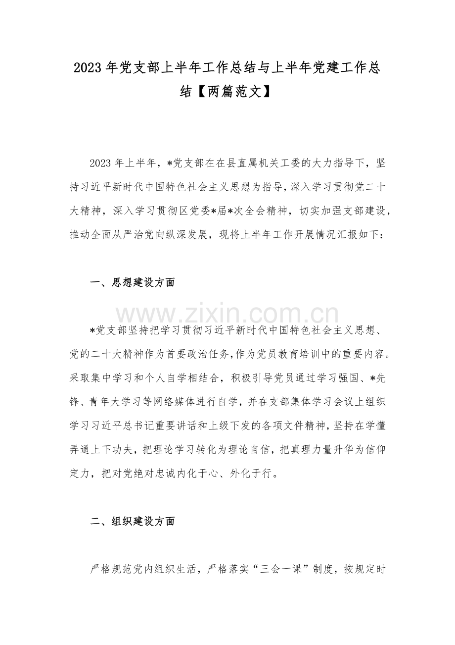 2023年党支部上半年工作总结与上半年党建工作总结【两篇范文】.docx_第1页