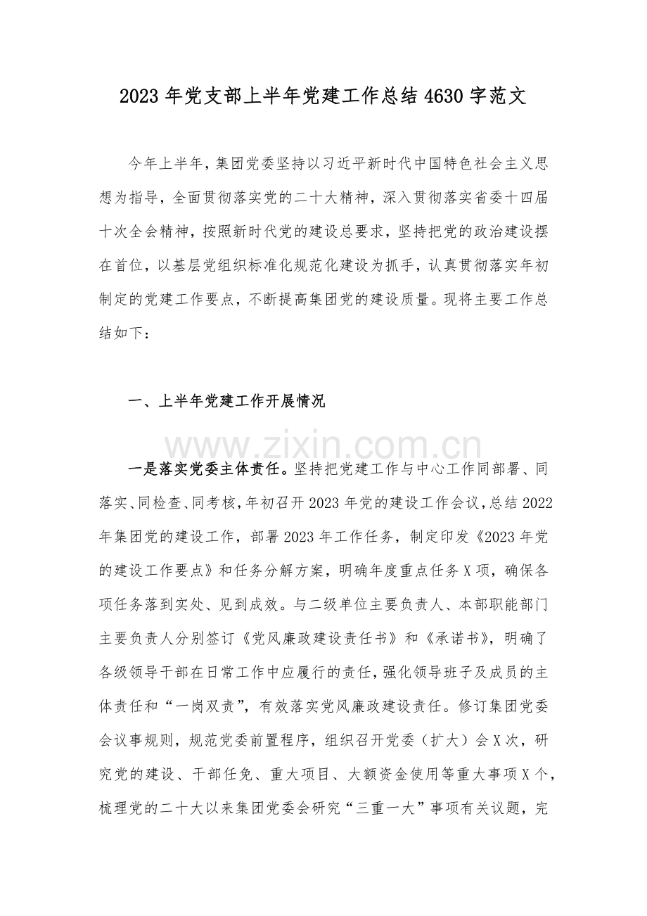 2023年党支部上半年党建工作总结4630字范文.docx_第1页