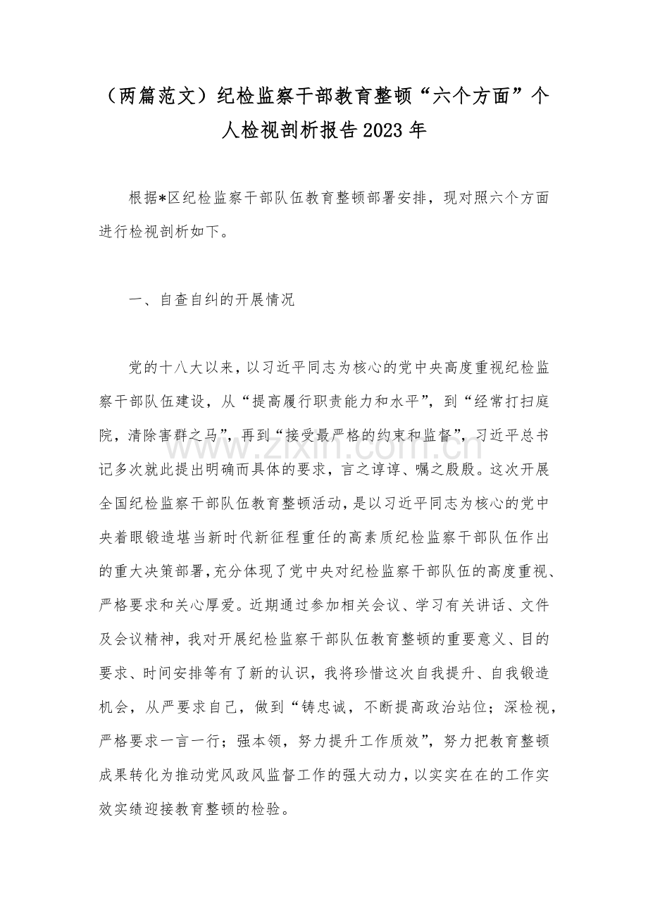 （两篇范文）纪检监察干部教育整顿“六个方面”个人检视剖析报告2023年.docx_第1页