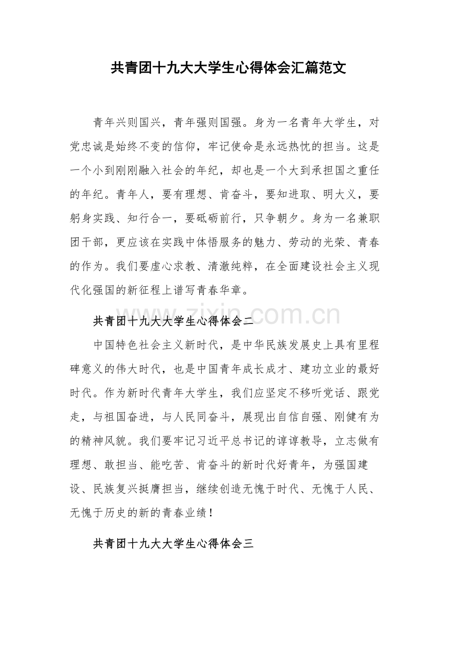 共青团十九大大学生心得体会汇篇范文.docx_第1页