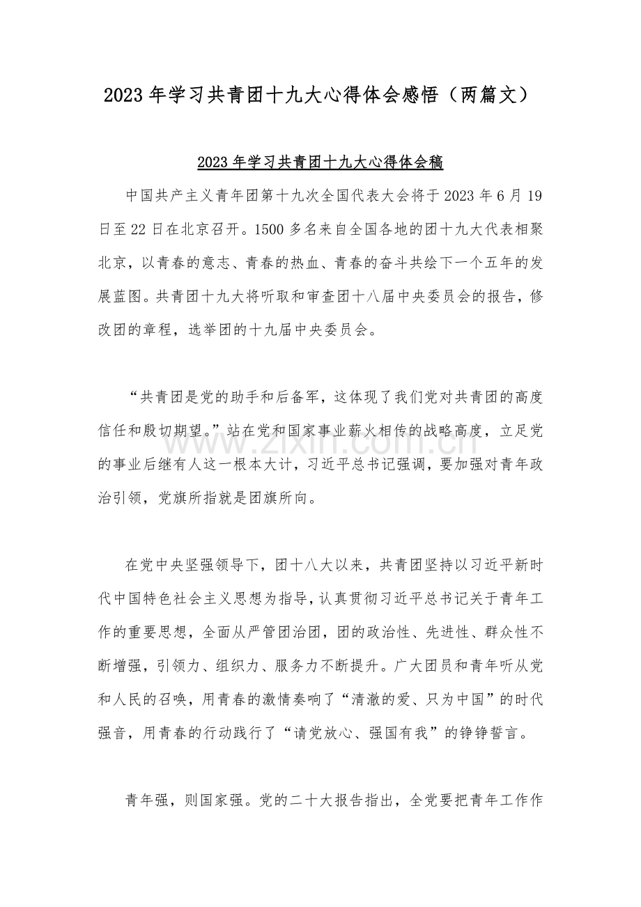 2023年学习共青团十九大心得体会感悟（两篇文）.docx_第1页