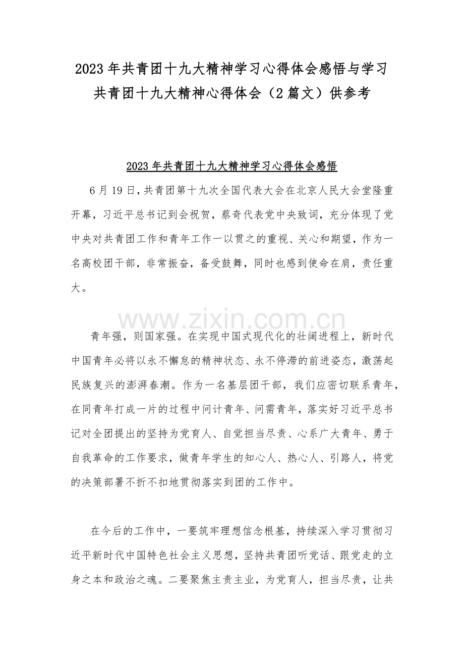 2023年共青团十九大精神学习心得体会感悟与学习共青团十九大精神心得体会（2篇文）供参考.docx_第1页