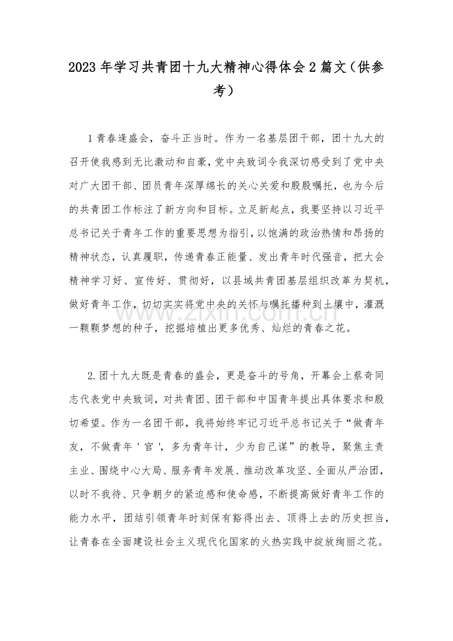 2023年学习共青团十九大精神心得体会2篇文（供参考）.docx_第1页