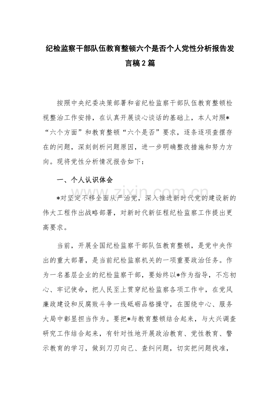 纪检监察干部队伍教育整顿六个是否个人党性分析报告发言稿2篇.docx_第1页