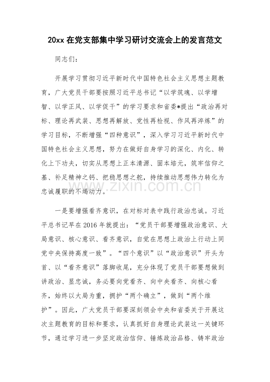 20xx在党支部集中学习研讨交流会上的发言范文.docx_第1页