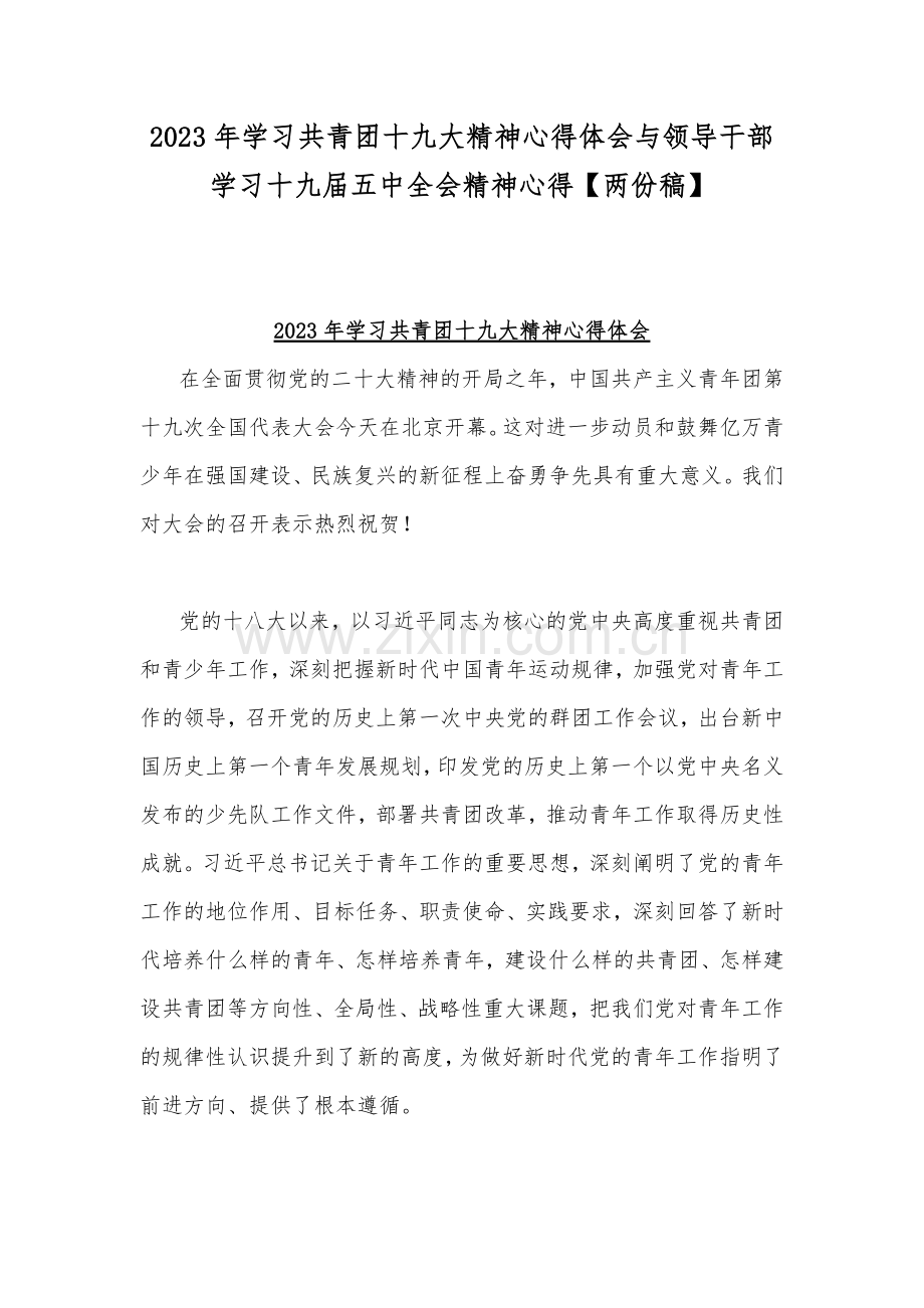 2023年学习共青团十九大精神心得体会与领导干部学习十九届五中全会精神心得【两份稿】.docx_第1页