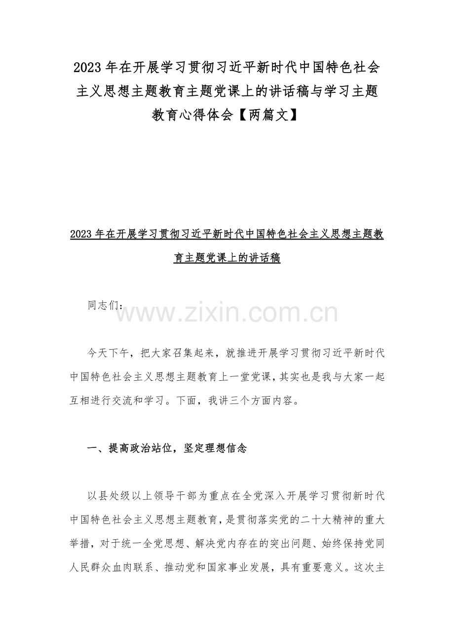 2023年在开展学习贯彻习近平新时代中国特色社会主义思想主题教育主题党课上的讲话稿与学习主题教育心得体会【两篇文】.docx_第1页