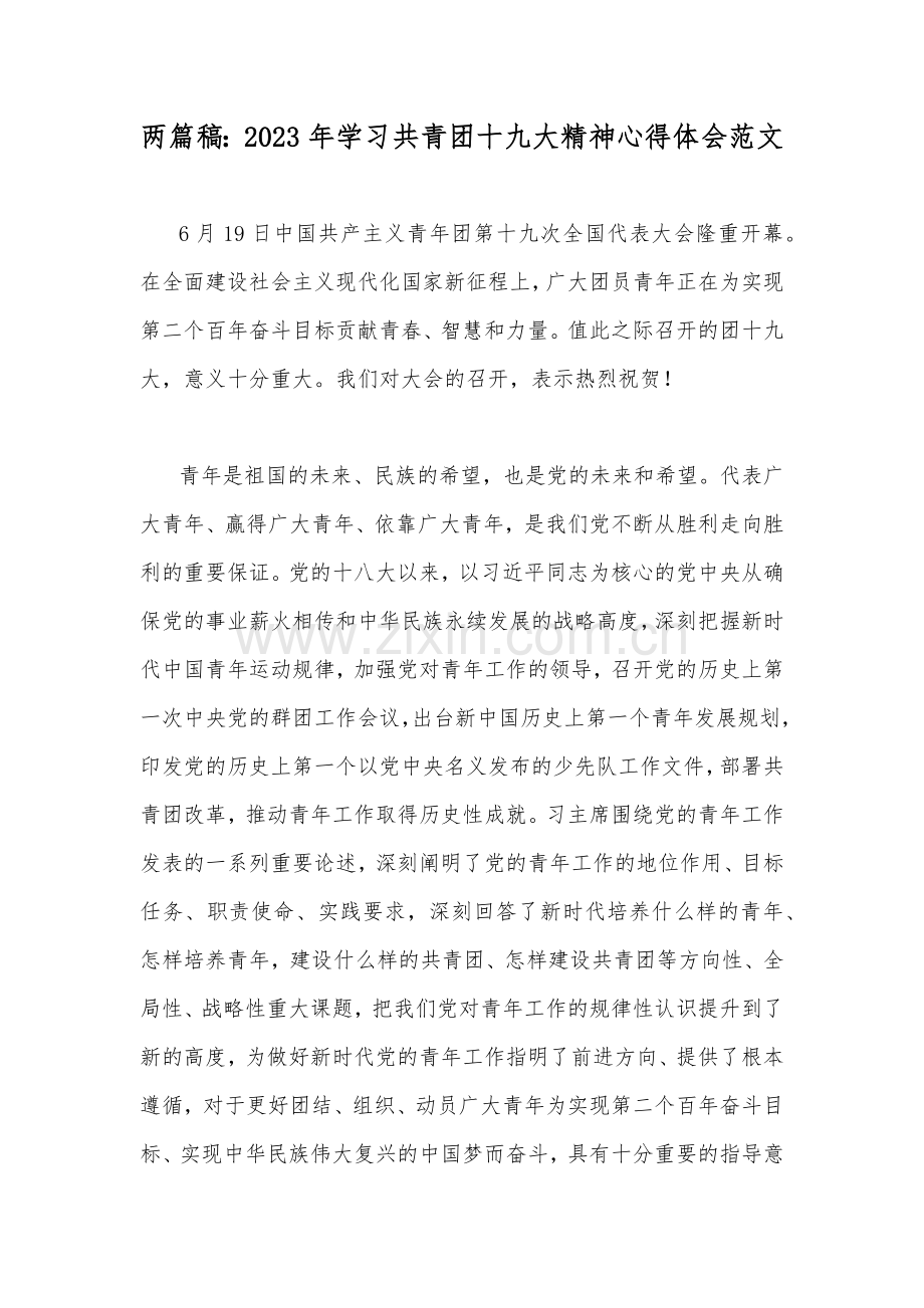 两篇稿：2023年学习共青团十九大精神心得体会范文.docx_第1页