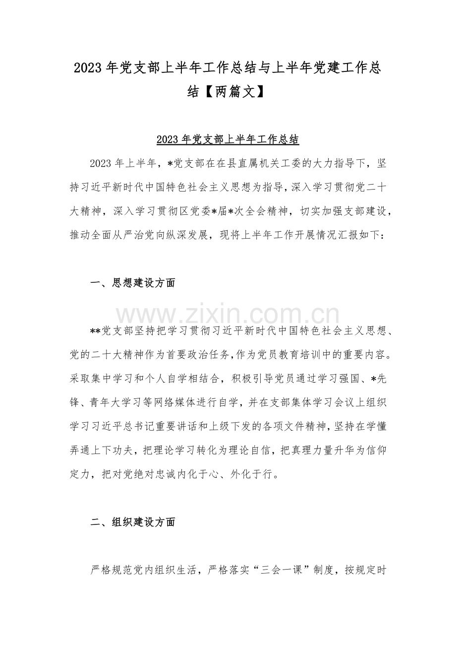 2023年党支部上半年工作总结与上半年党建工作总结【两篇文】.docx_第1页