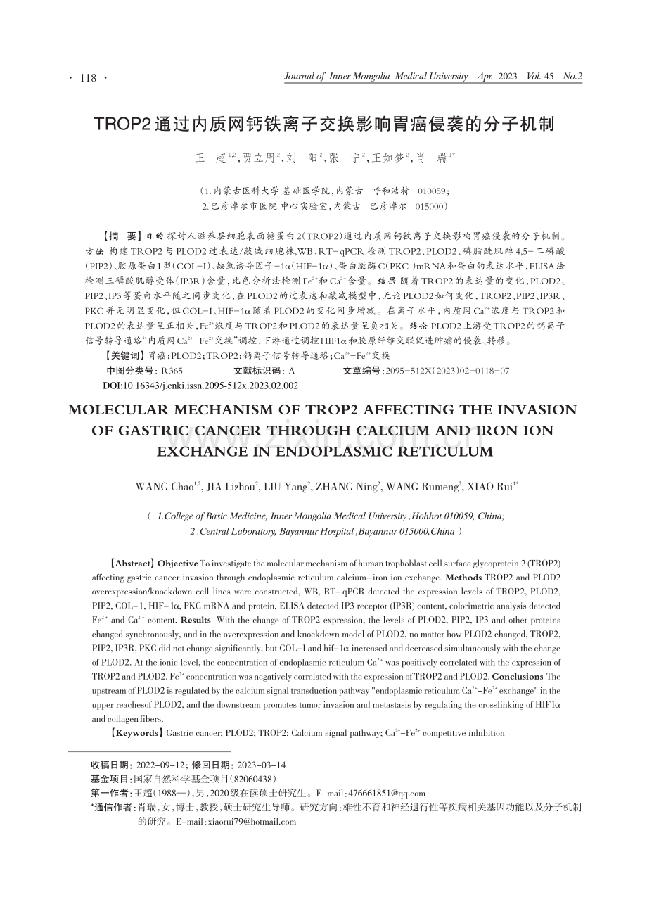 TROP2通过内质网钙铁离...交换影响胃癌侵袭的分子机制_王超.pdf_第1页