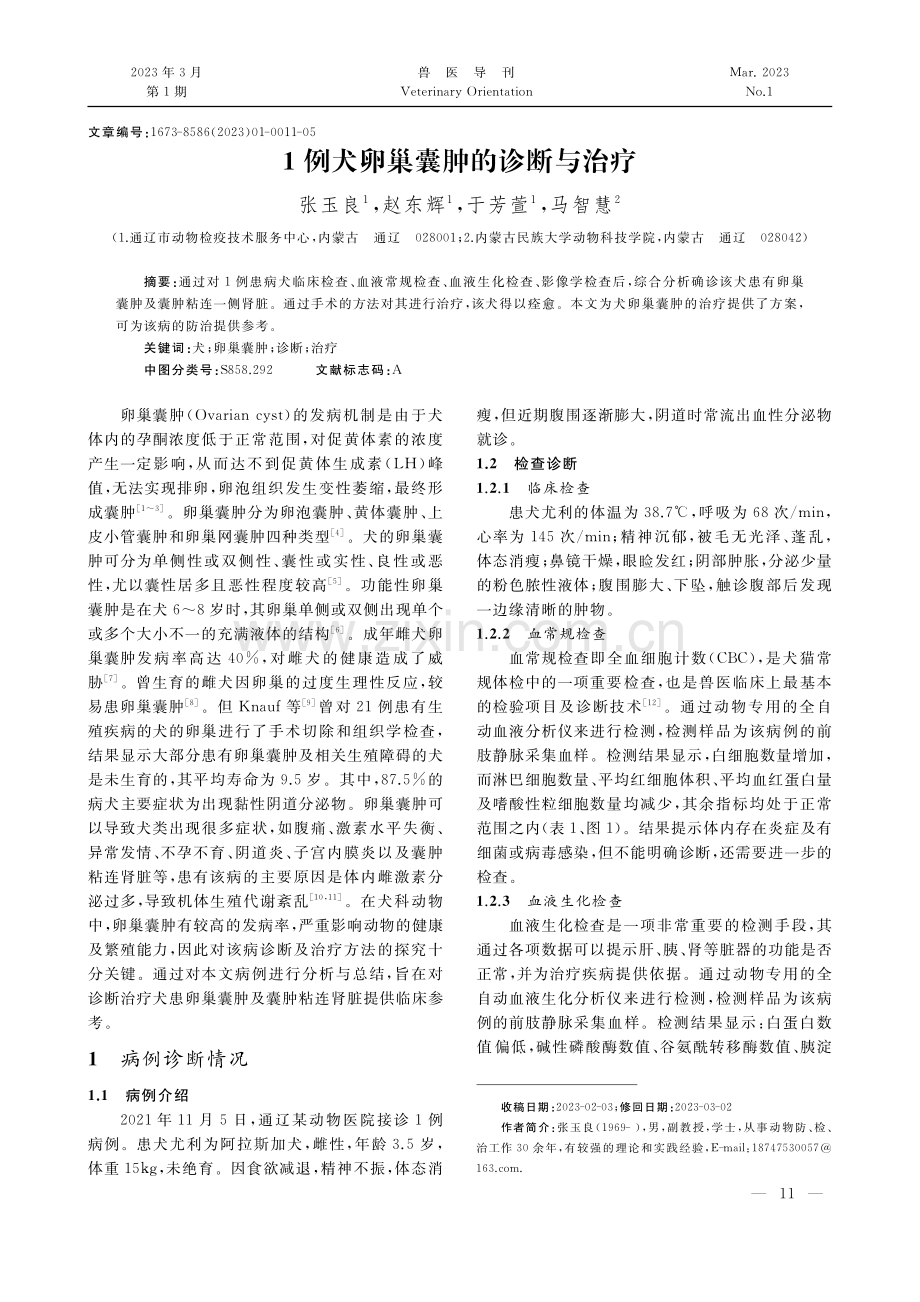 1例犬卵巢囊肿的诊断与治疗_张玉良.pdf_第1页