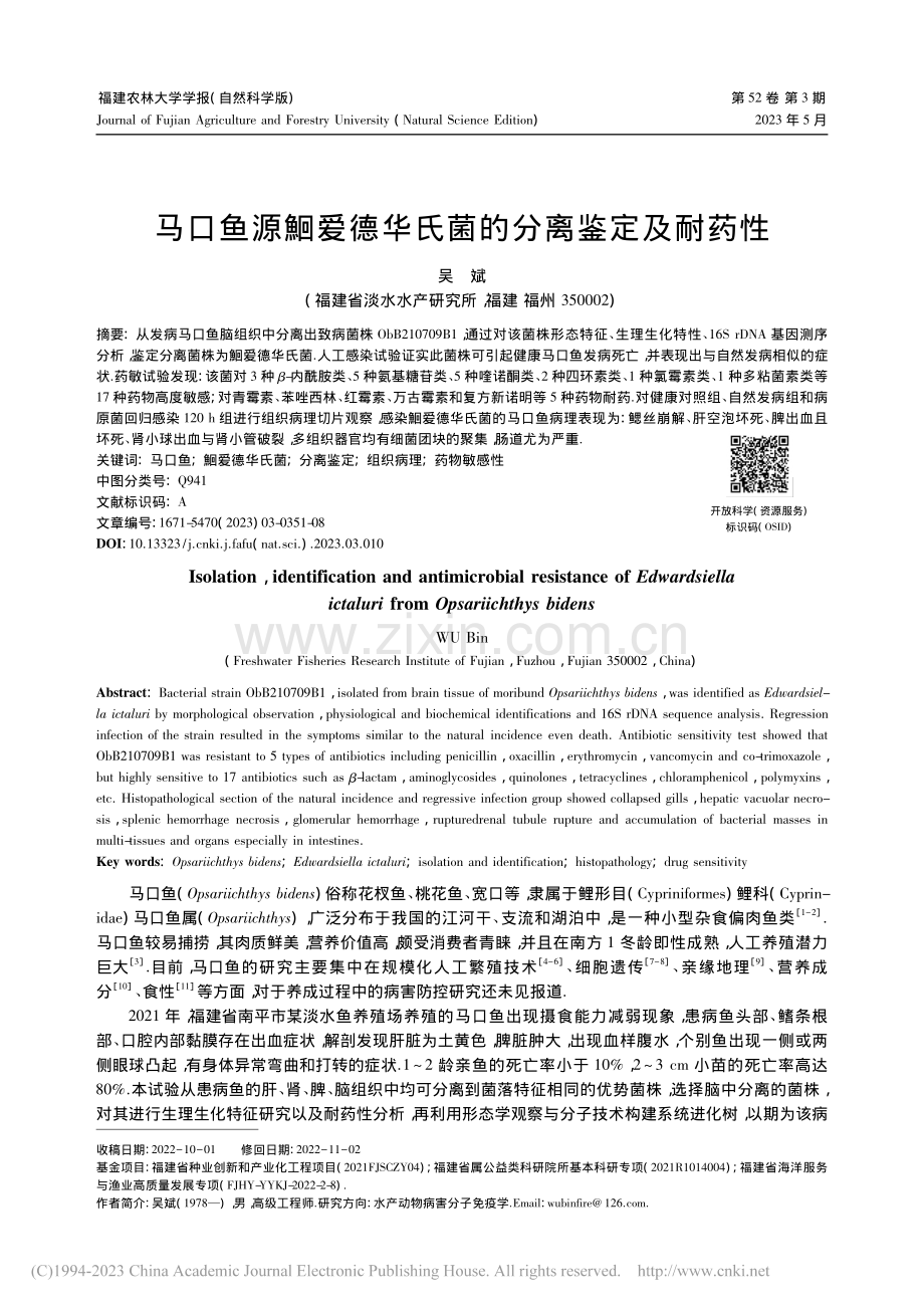 马口鱼源鮰爱德华氏菌的分离鉴定及耐药性_吴斌.pdf_第1页