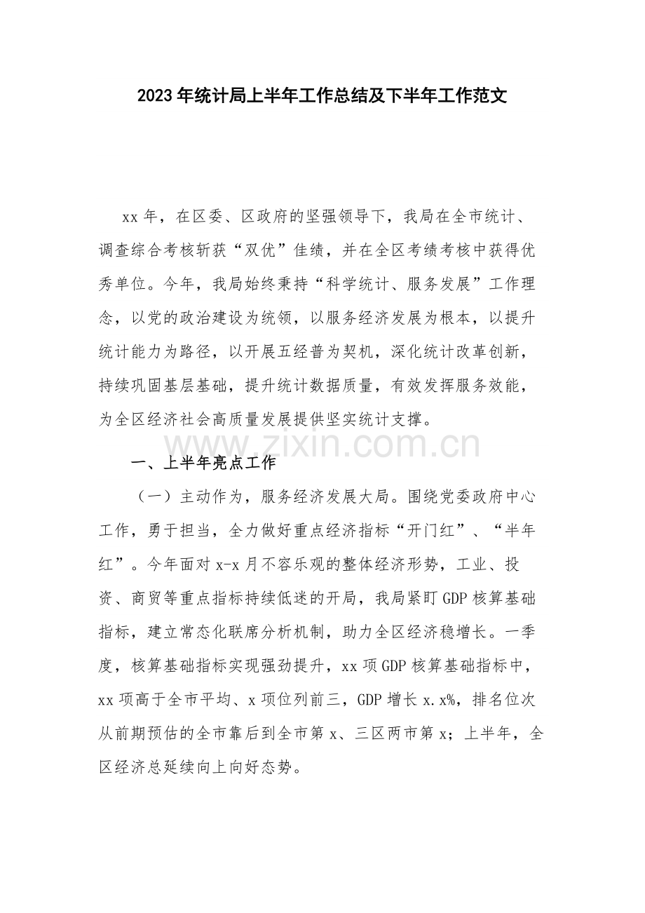 2023年统计局上半年工作总结及下半年工作范文.docx_第1页