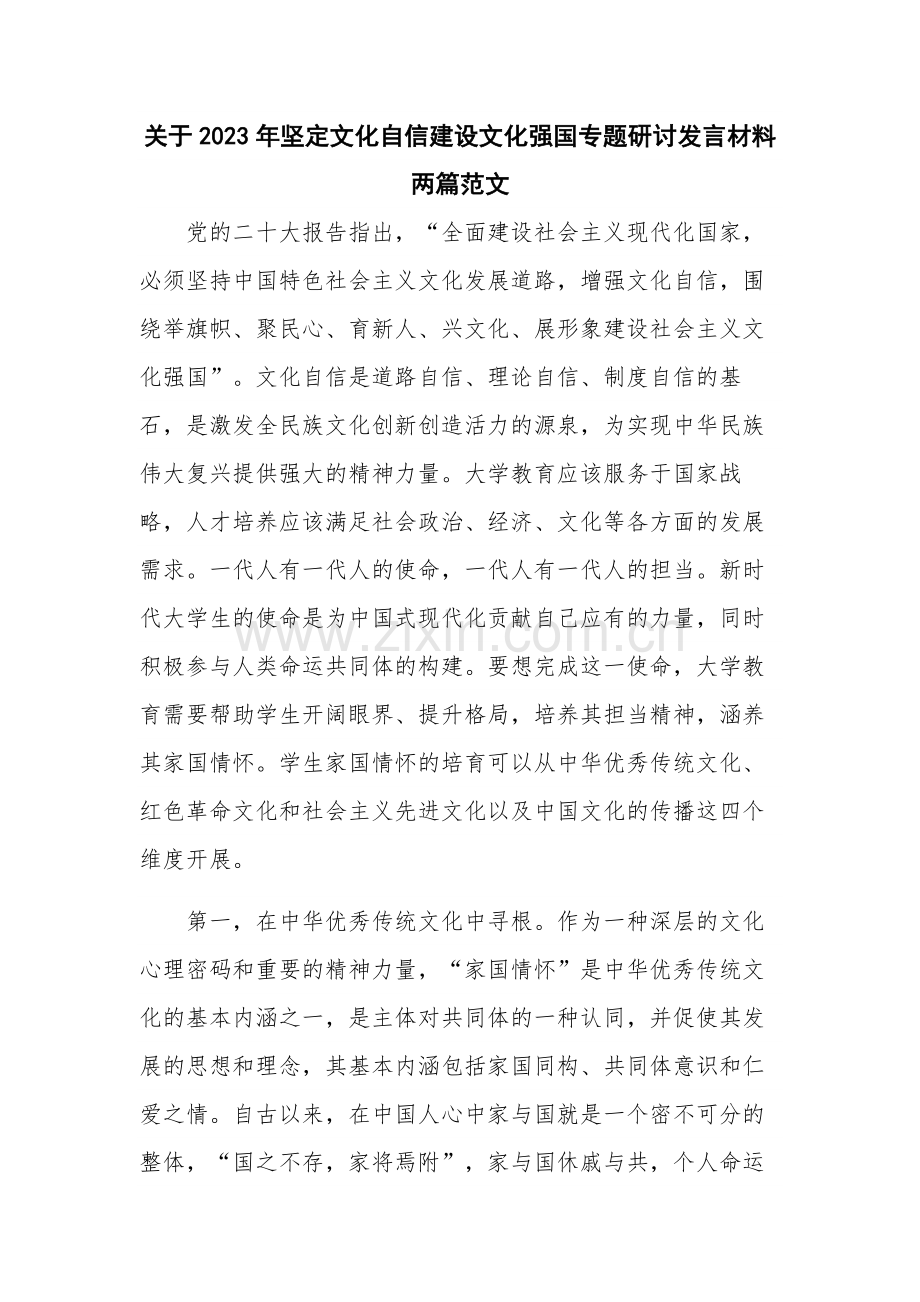 关于2023年坚定文化自信建设文化强国专题研讨发言材料两篇范文.docx_第1页