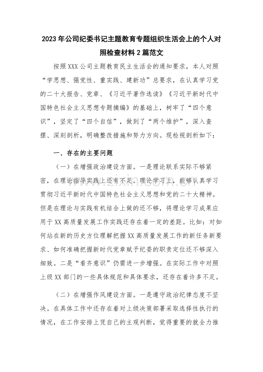 2023年公司纪委书记主题教育专题组织生活会上的个人对照检查材料2篇范文.docx_第1页