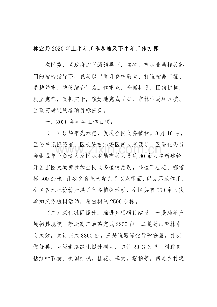 林业局2020年上半年工作总结及下半年工作打算.docx_第1页