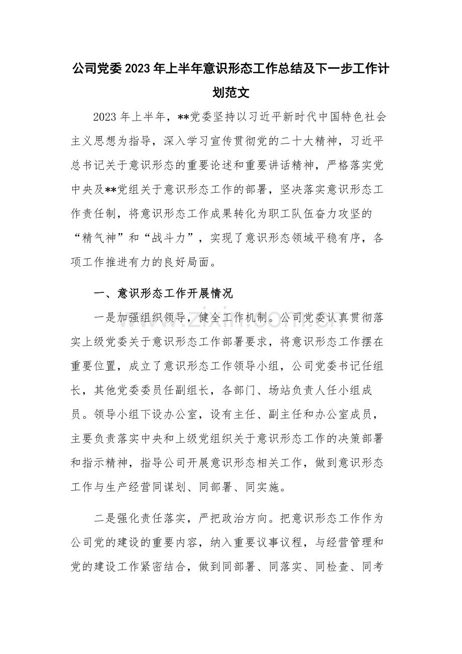 公司党委2023年上半年意识形态工作总结及下一步工作计划范文.docx_第1页