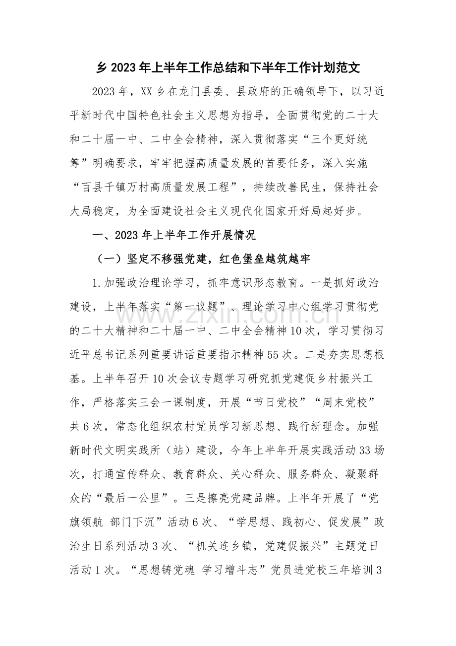 乡2023年上半年工作总结和下半年工作计划范文.docx_第1页