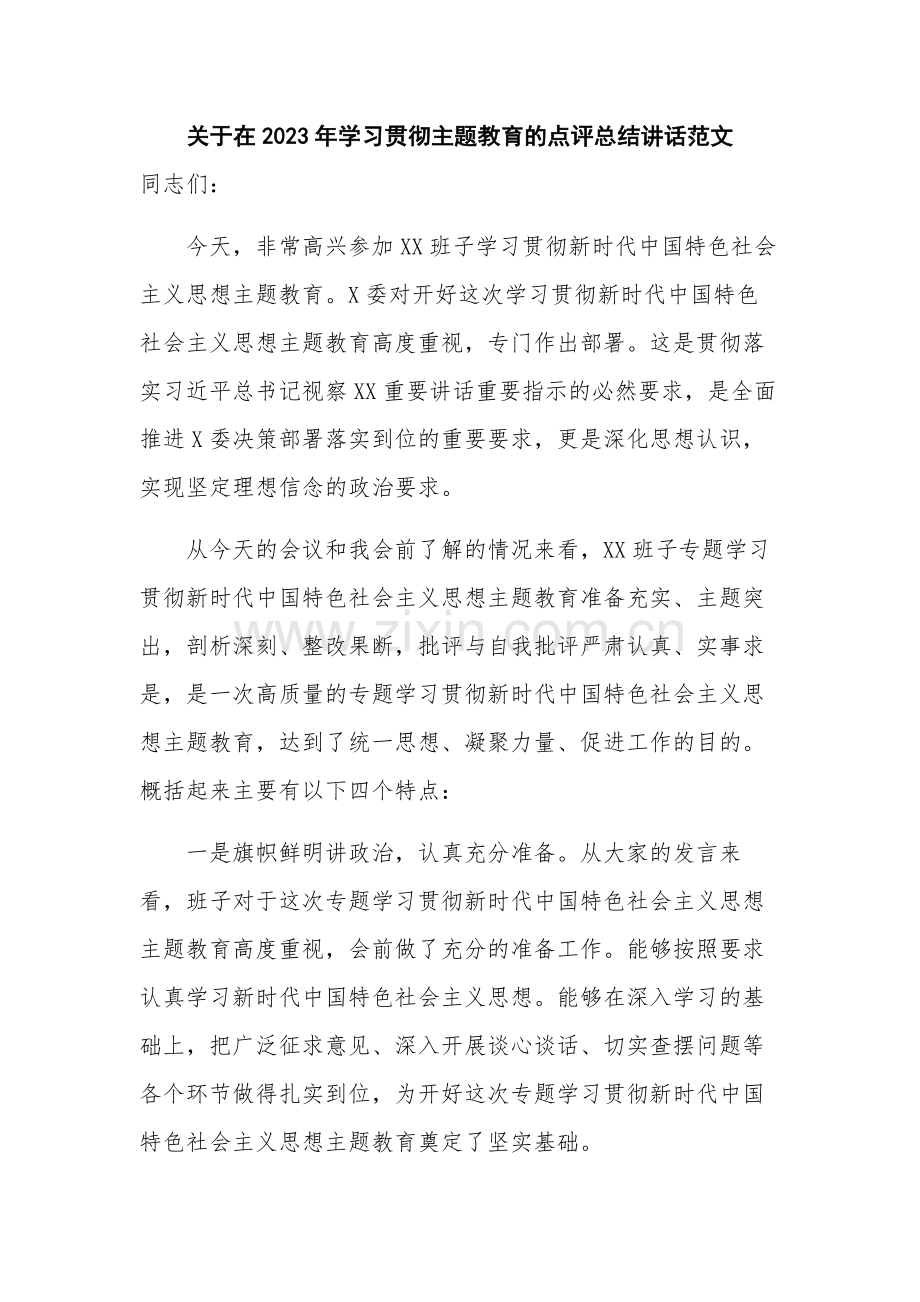 关于在2023年学习贯彻主题教育的点评总结讲话范文.docx_第1页