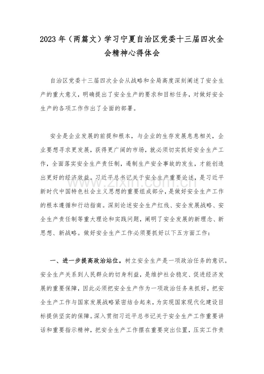 2023年（两篇文）学习宁夏自治区党委十三届四次全会精神心得体会.docx_第1页