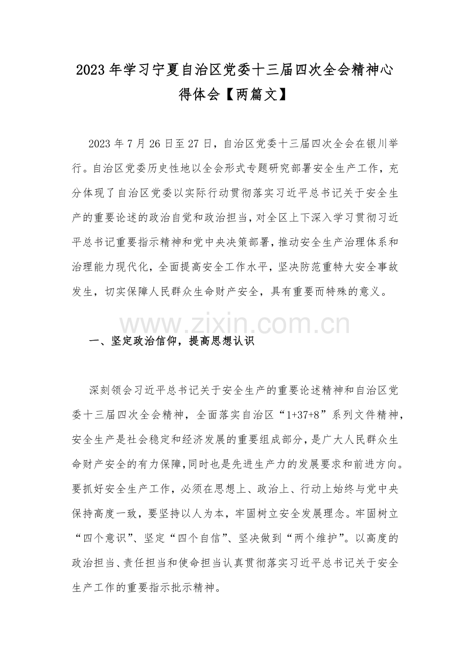 2023年学习宁夏自治区党委十三届四次全会精神心得体会【两篇文】.docx_第1页