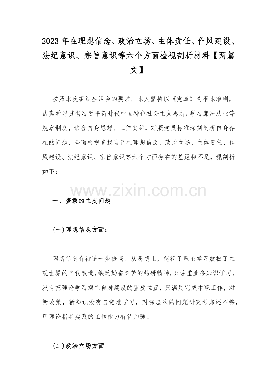 2023年在理想信念、政治立场、主体责任、作风建设、法纪意识、宗旨意识等六个方面检视剖析材料【两篇文】.docx_第1页