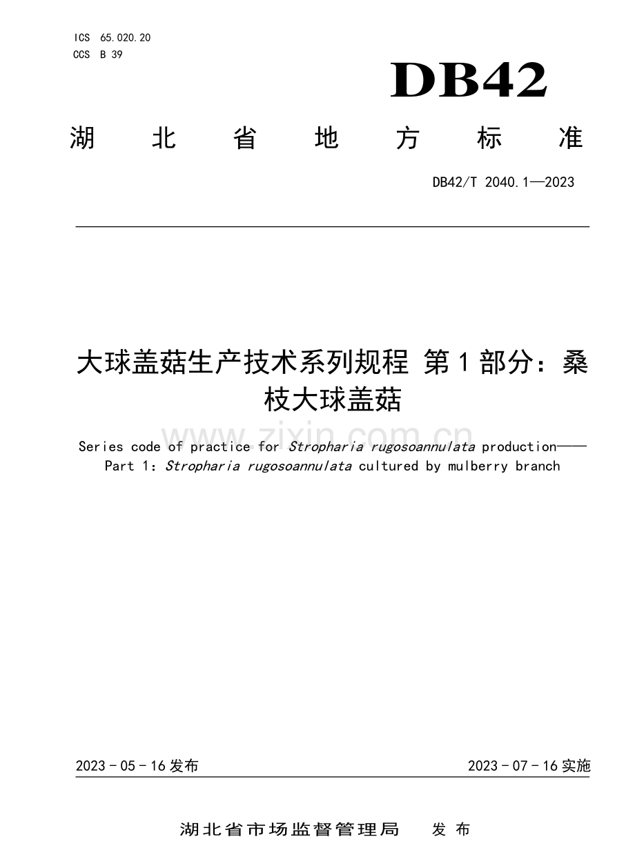 DB42∕T 2040.1-2023 大球盖菇生产技术系列规程 第1部分：桑枝大球盖菇.pdf_第1页