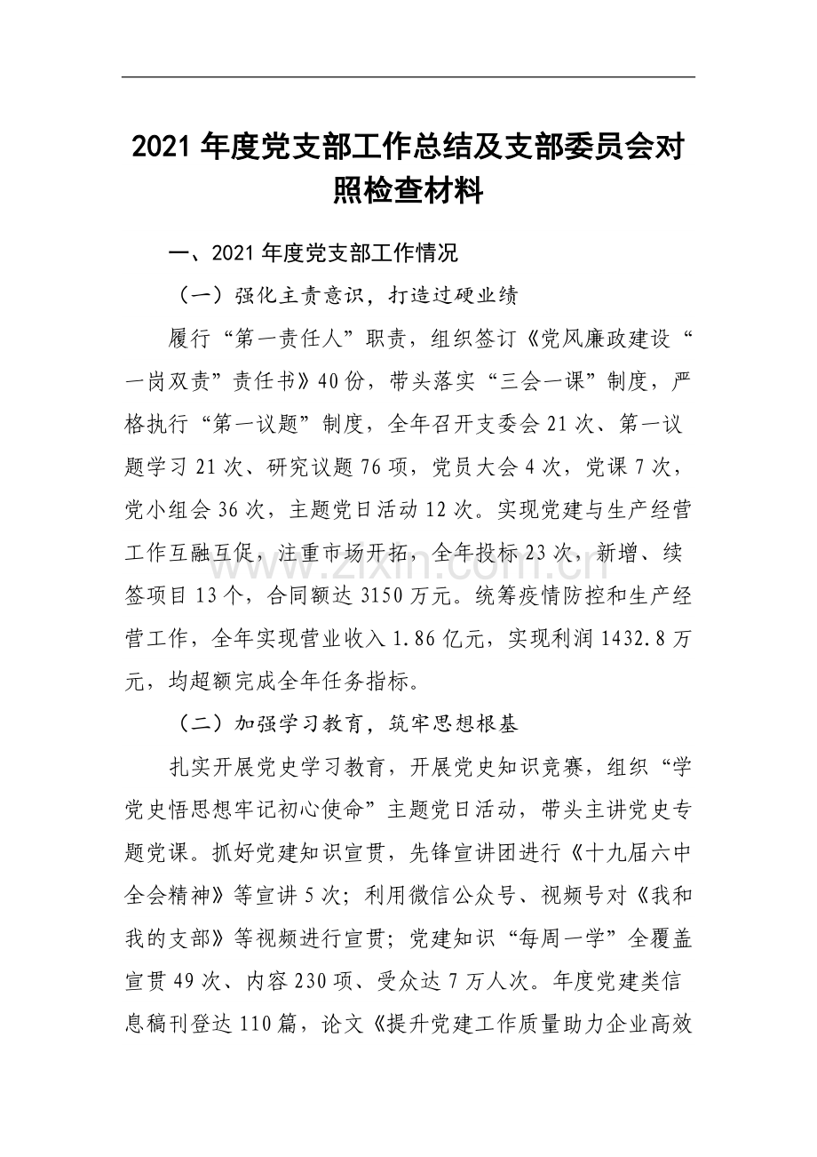 202x年度党支部工作总结及支部委员会对照检查材料.doc_第1页