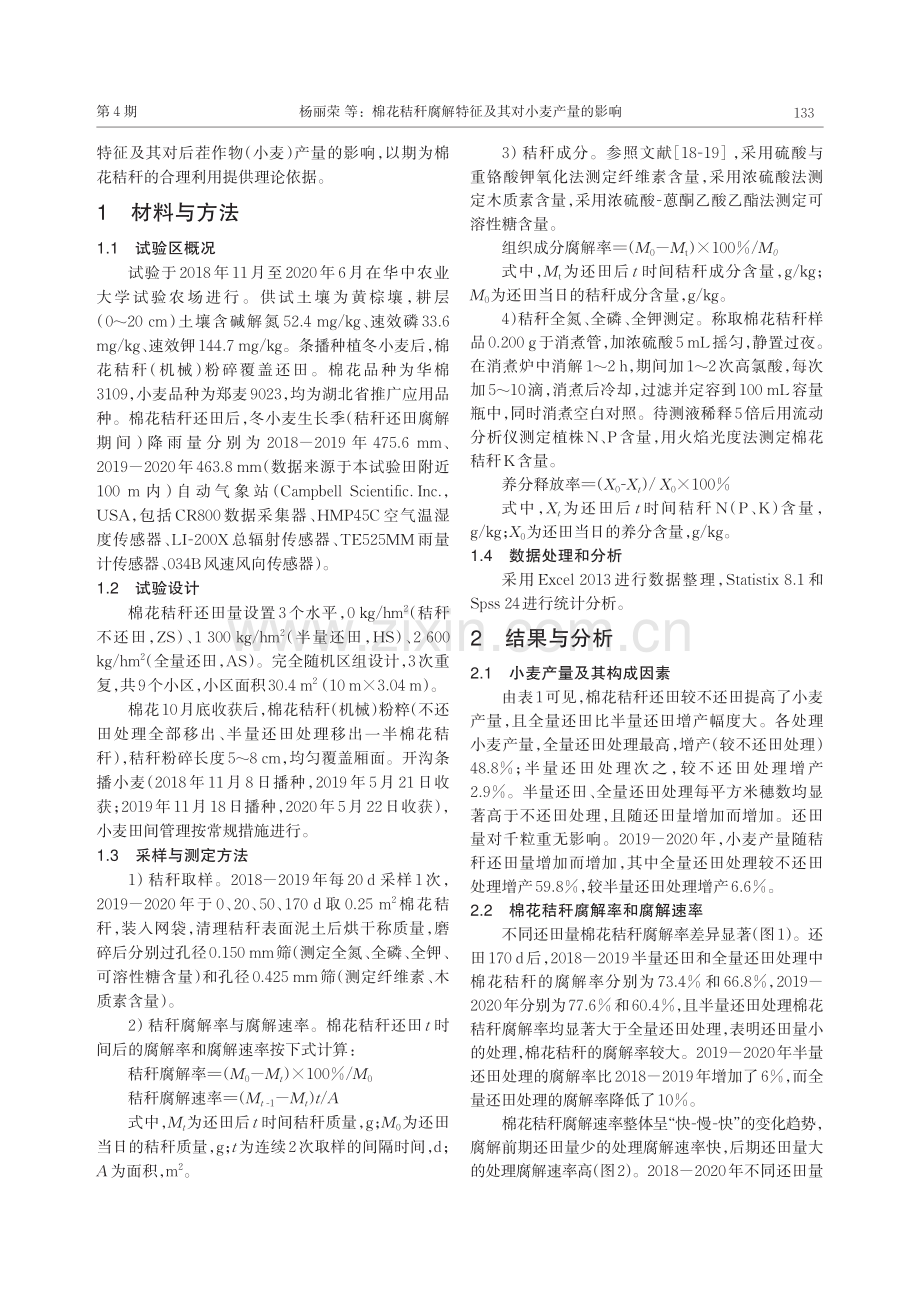 棉花秸秆腐解特征及其对小麦产量的影响_杨丽荣.pdf_第2页