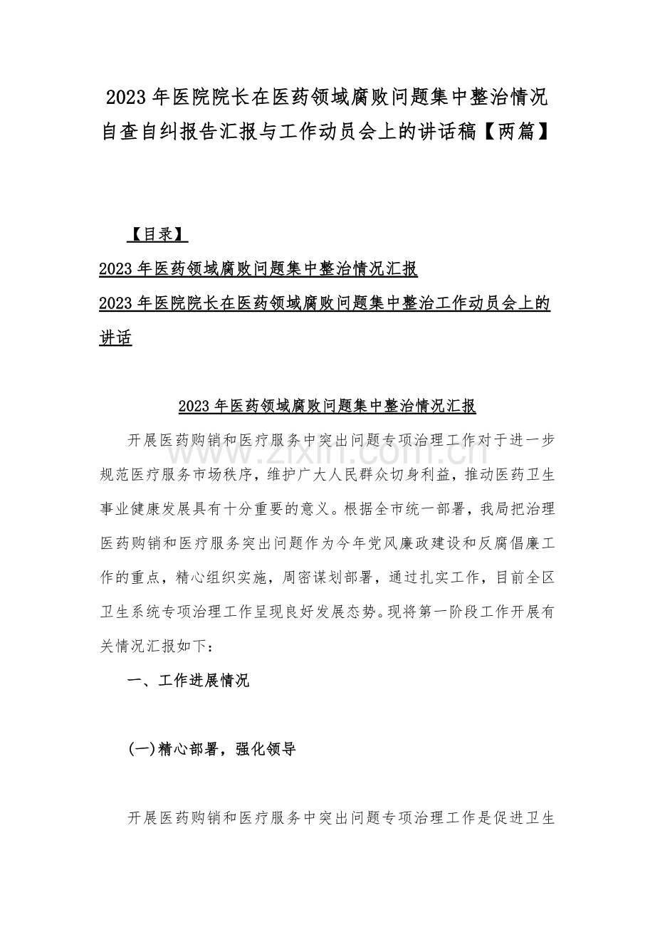 2023年医院院长在医药领域腐败问题集中整治情况自查自纠报告汇报与工作动员会上的讲话稿【两篇】.docx_第1页