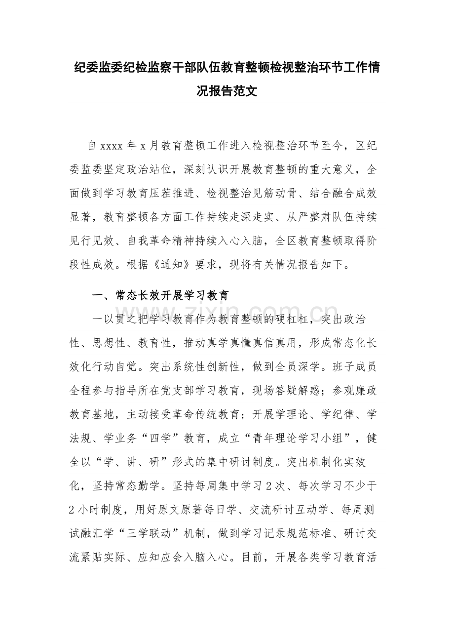 纪委监委纪检监察干部队伍教育整顿检视整治环节工作情况报告范文.docx_第1页