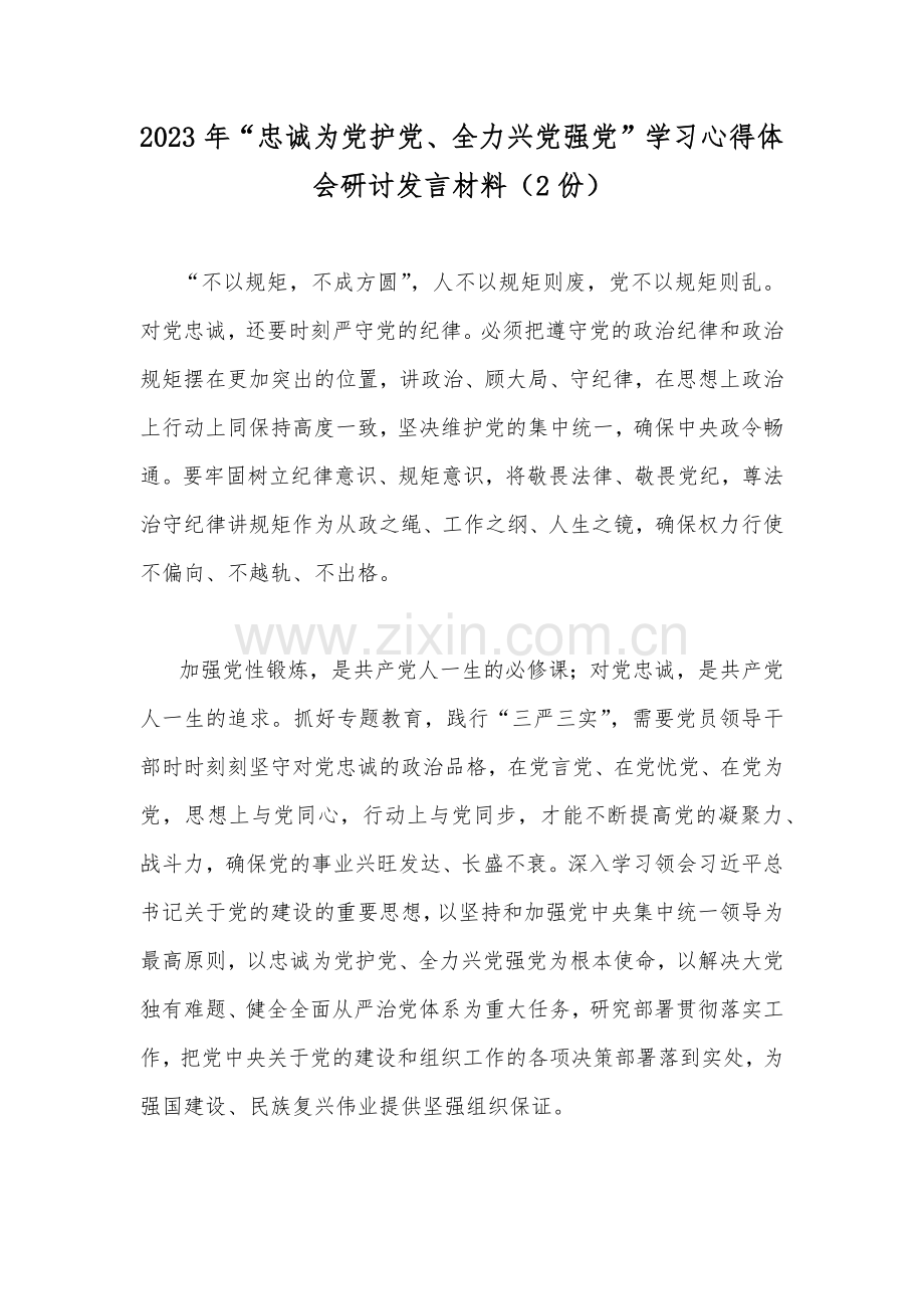 2023年“忠诚为党护党、全力兴党强党”学习心得体会研讨发言材料（2份）.docx_第1页