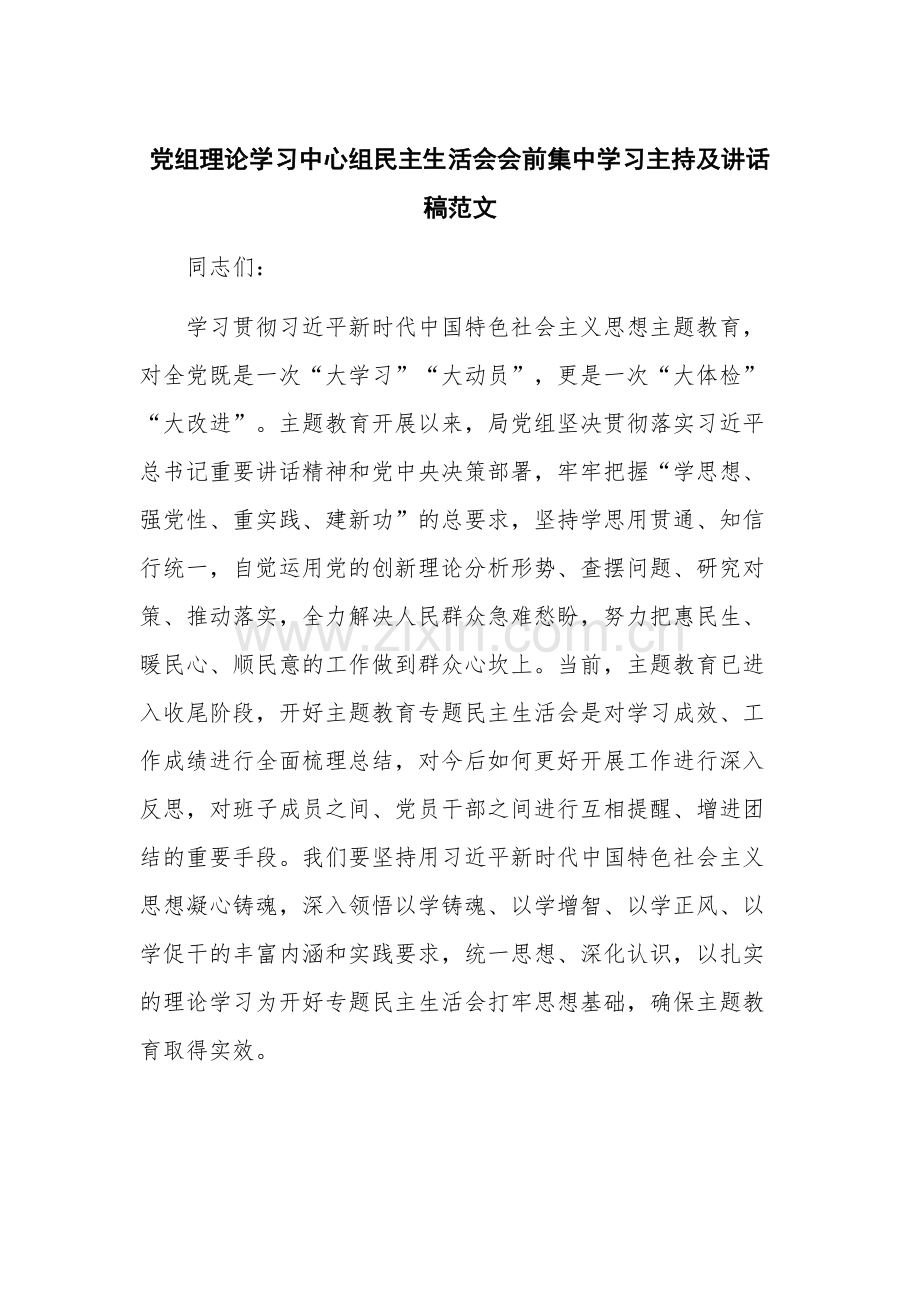 党组理论学习中心组民主生活会会前集中学习主持及讲话稿范文.docx_第1页