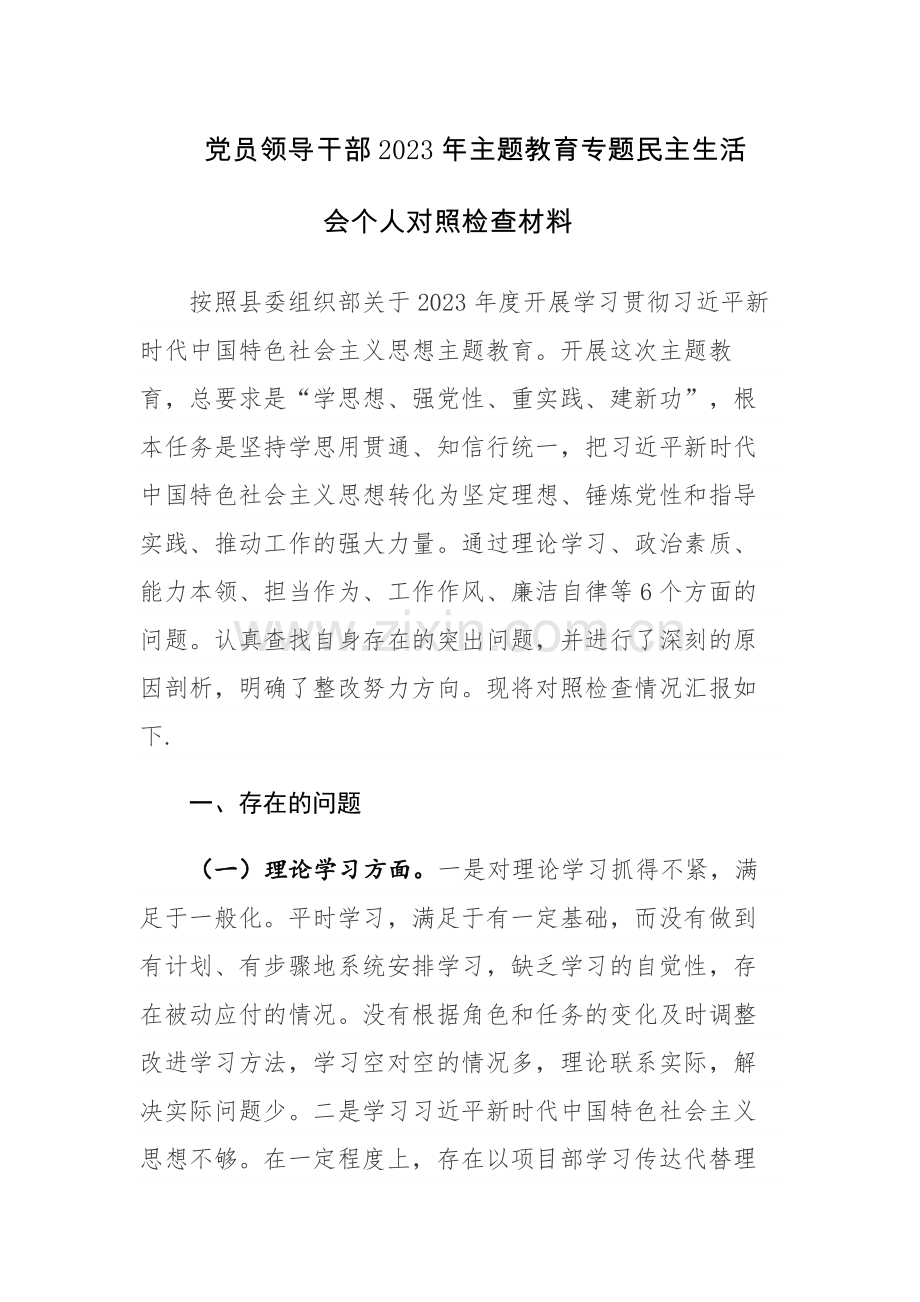 两篇：党员领导干部2023年主题教育专题民主生活会个人对照检查材料.docx_第1页