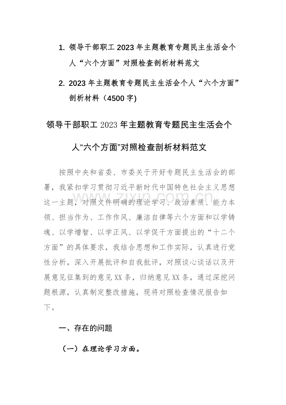 两篇：领导干部职工2023年主题教育专题民主生活会个人“六个方面”对照检查剖析材料范文.docx_第1页