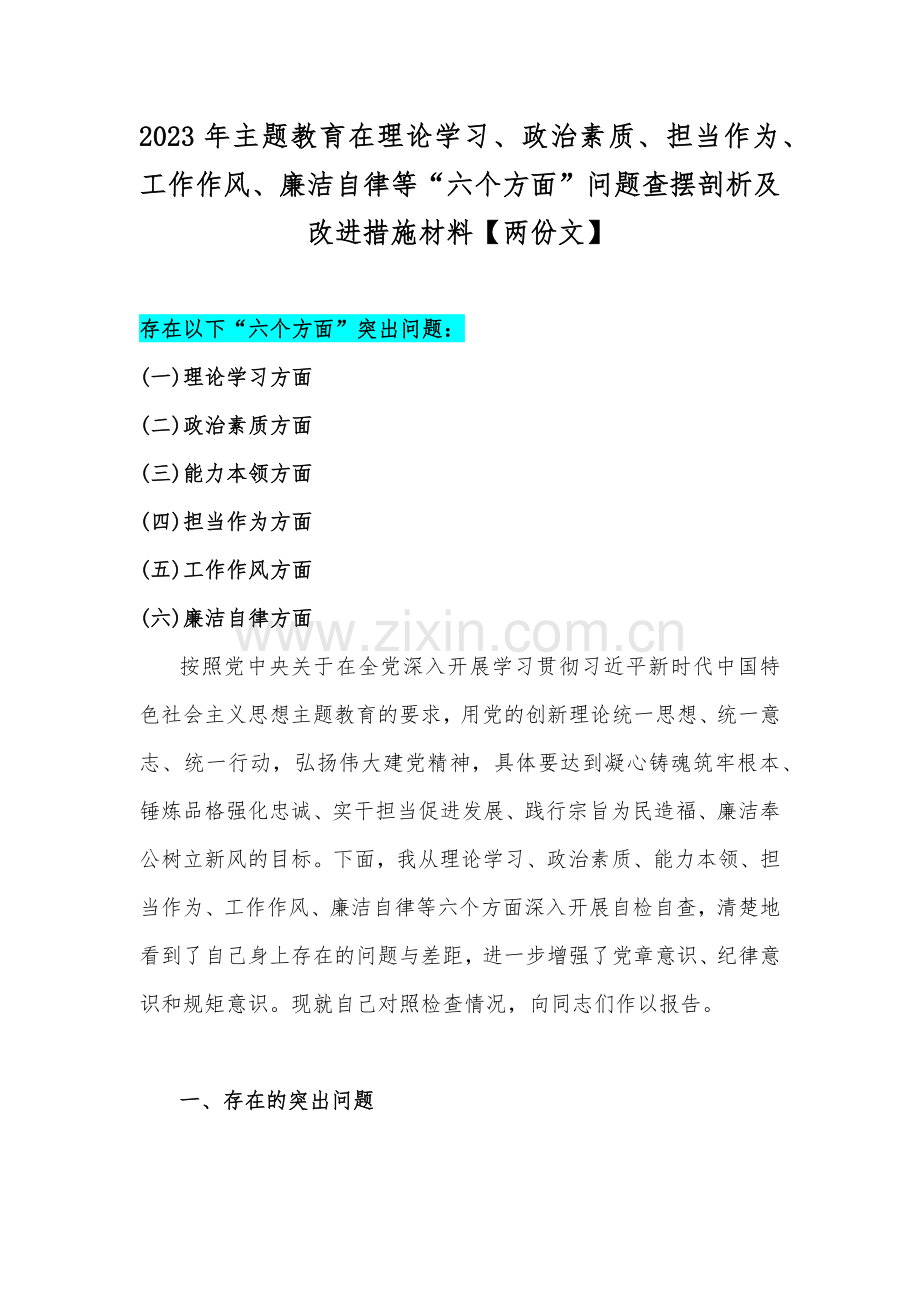 2023年主题教育在理论学习、政治素质、担当作为、工作作风、廉洁自律等“六个方面”问题查摆剖析及改进措施材料【两份文】.docx_第1页