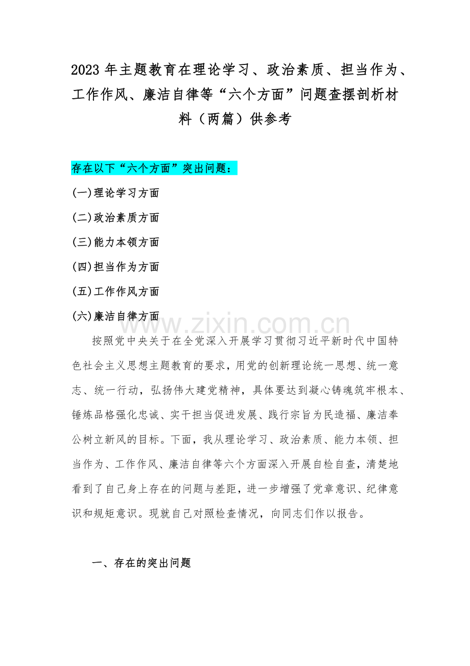 2023年主题教育在理论学习、政治素质、担当作为、工作作风、廉洁自律等“六个方面”问题查摆剖析材料（两篇）供参考.docx_第1页