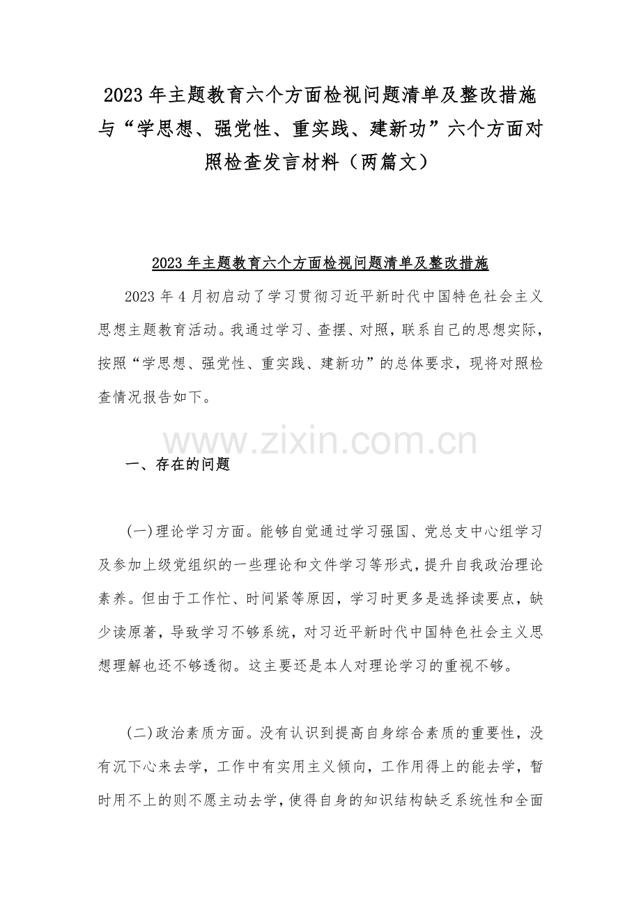 2023年主题教育六个方面检视问题清单及整改措施与“学思想、强党性、重实践、建新功”六个方面对照检查发言材料（两篇文）.docx_第1页