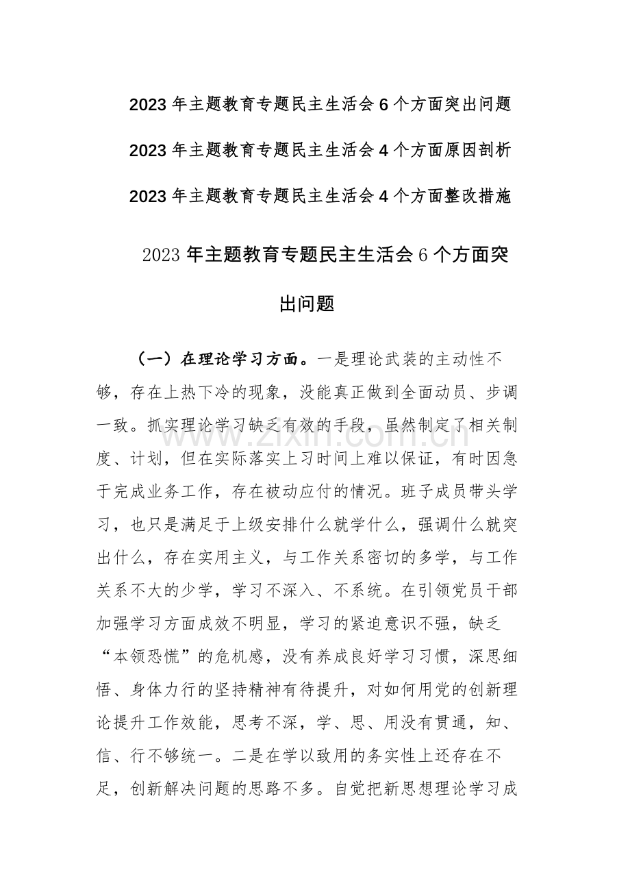 2023年主题教育专题民主生活会6个方面突出问题4个方面原因剖析4个方面整改措施素材参考.docx_第1页