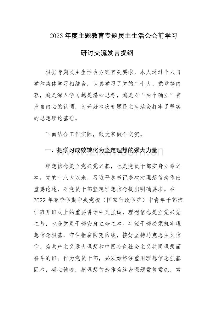 2023年主题教育专题民主生活会会前学习研讨发言材料两篇范文.docx_第1页