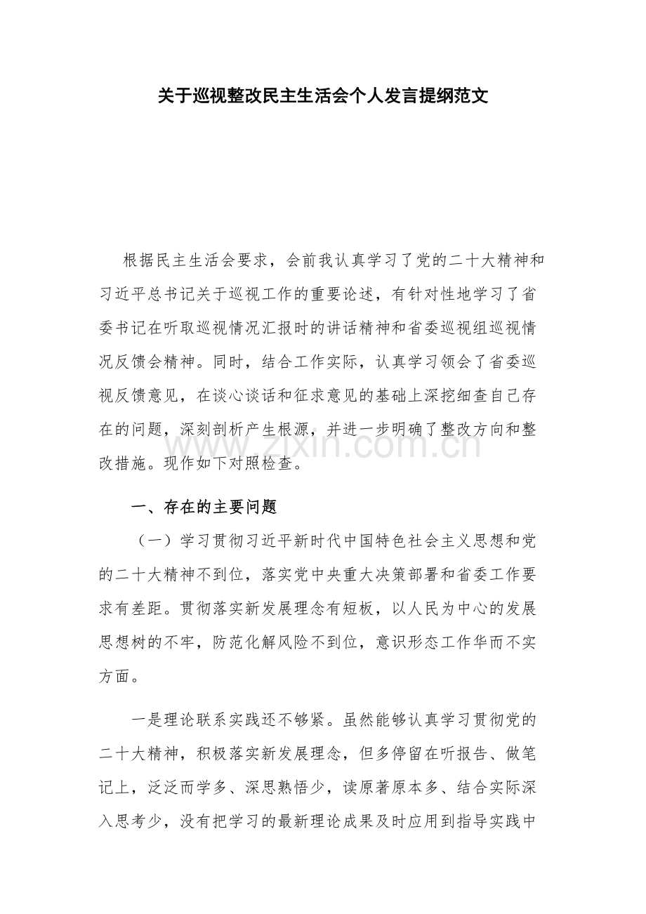 关于巡视整改民主生活会个人发言提纲范文.docx_第1页