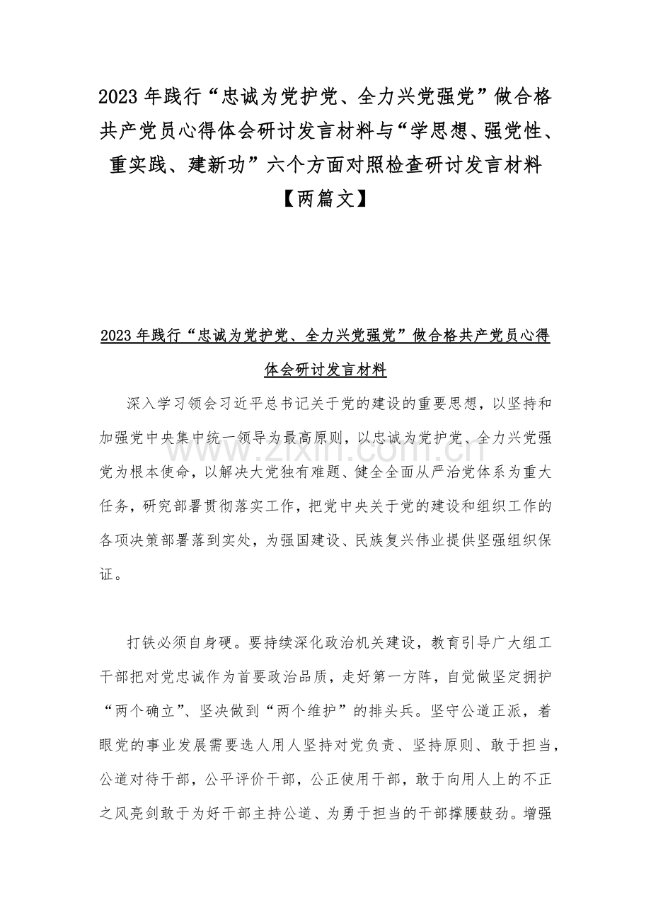 2023年践行“忠诚为党护党、全力兴党强党”做合格共产党员心得体会研讨发言材料与“学思想、强党性、重实践、建新功”六个方面对照检查研讨发言材料【两篇文】.docx_第1页