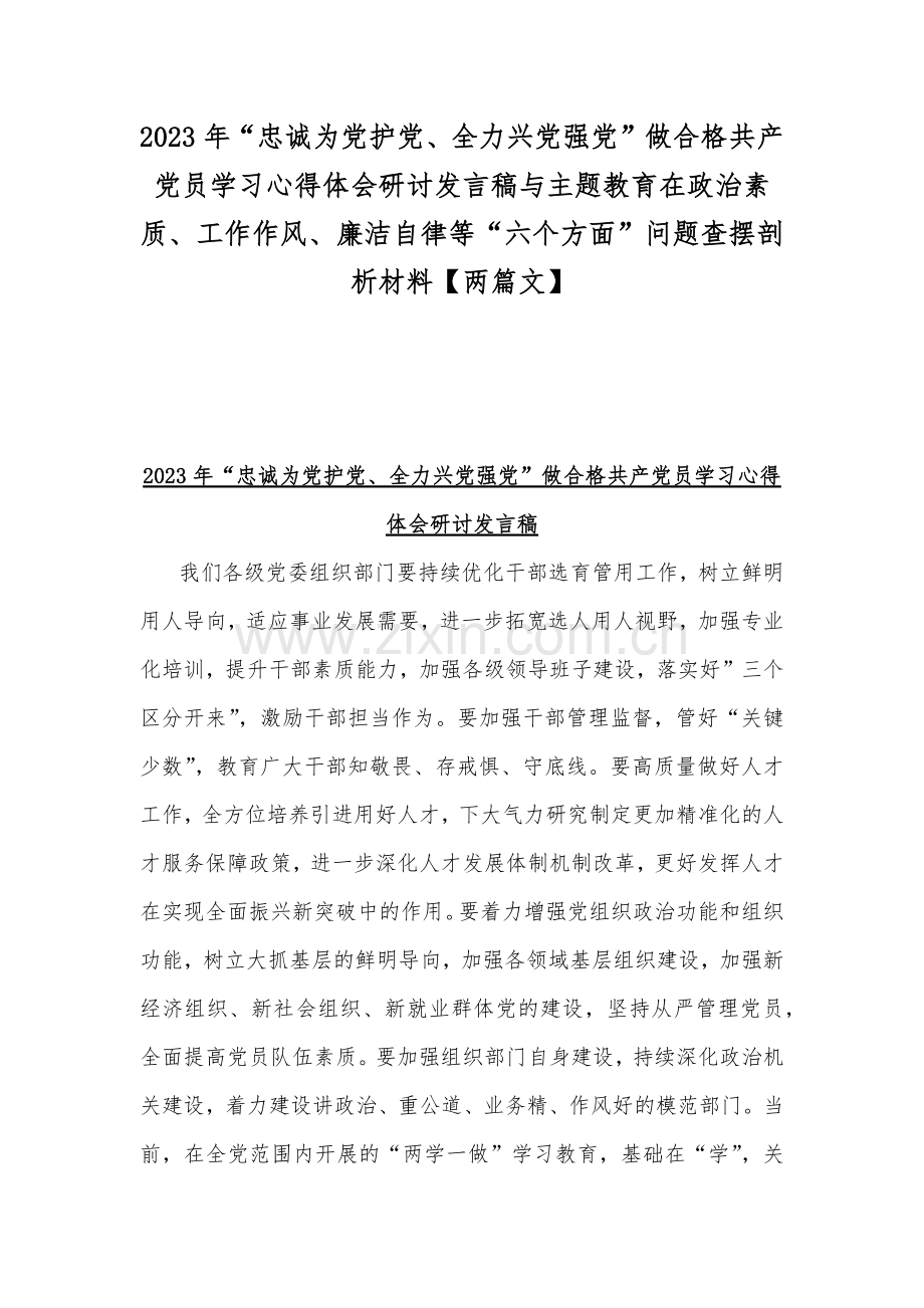 2023年“忠诚为党护党、全力兴党强党”做合格共产党员学习心得体会研讨发言稿与主题教育在政治素质、工作作风、廉洁自律等“六个方面”问题查摆剖析材料【两篇文】.docx_第1页