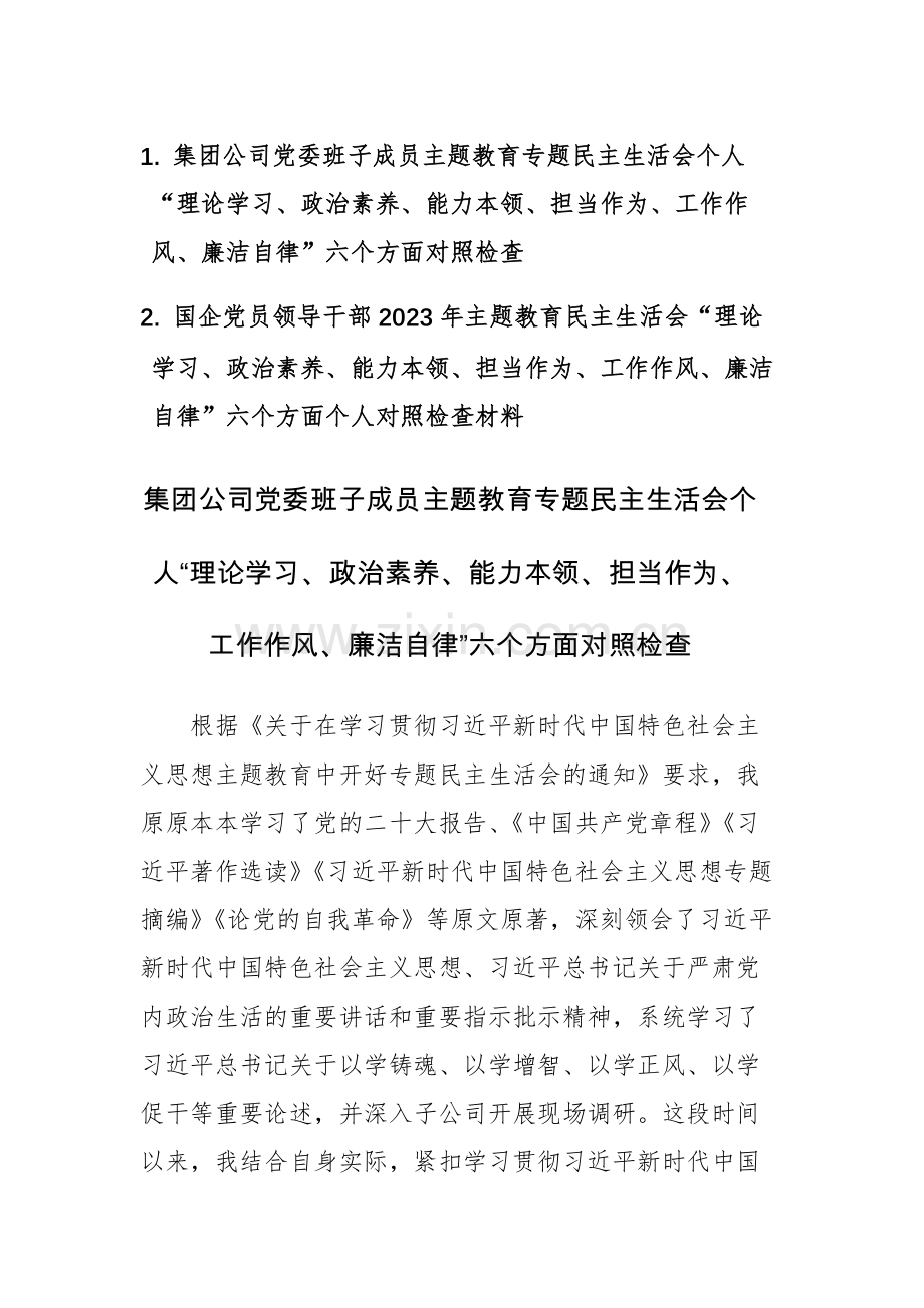 两篇：2023年集团公司党委班子成员主题教育专题民主生活会个人“理论学习、政治素养、能力本领、担当作为、工作作风、廉洁自律”六个方面对照检查.docx_第1页