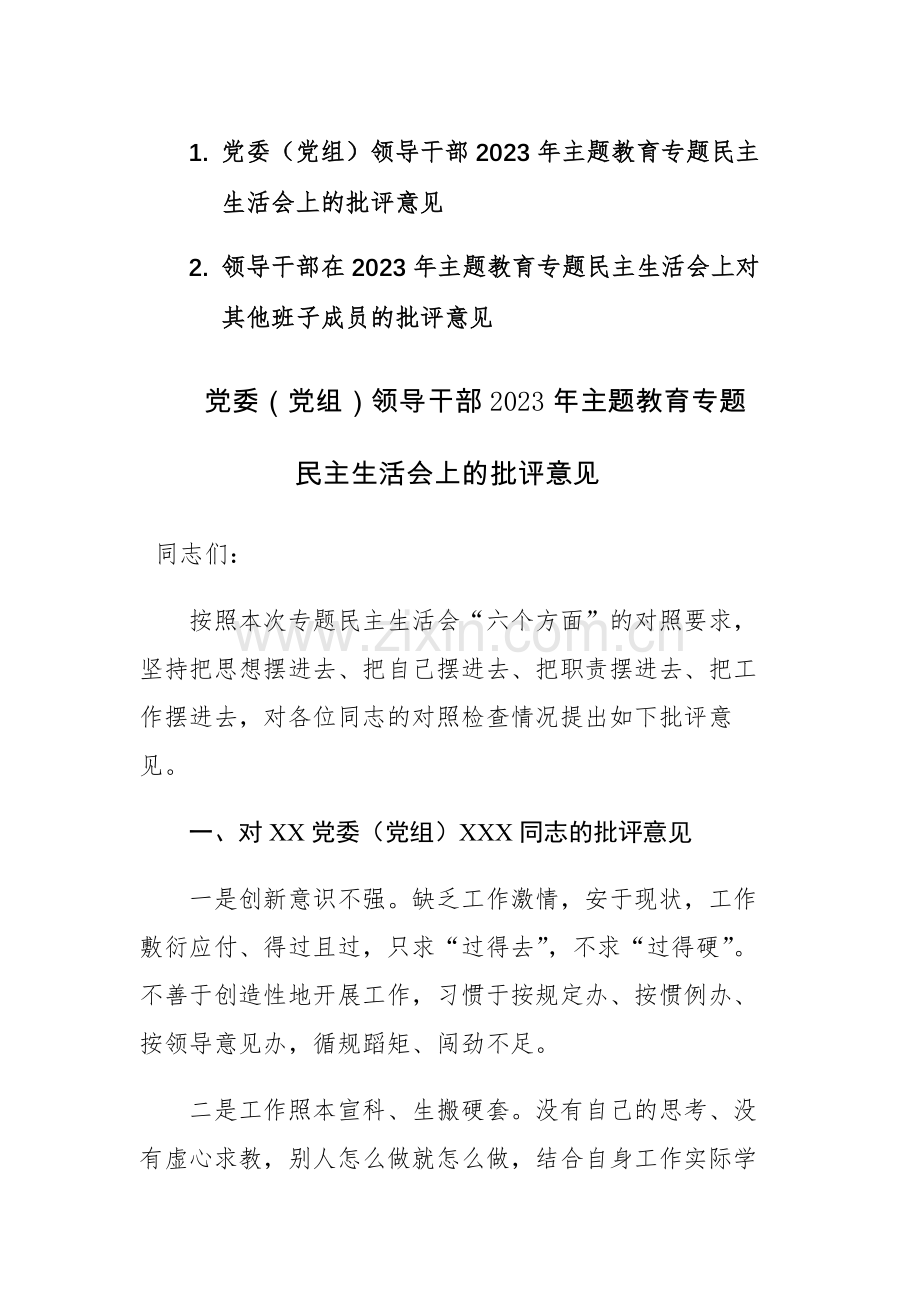 两篇：领导干部在2023年主题教育专题民主生活会上对其他班子成员的批评意见范文.docx_第1页