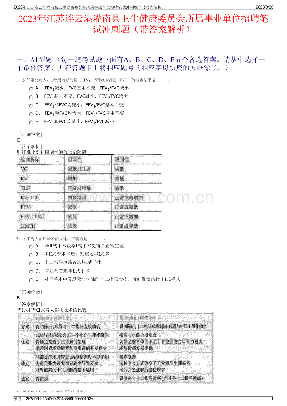 2023年江苏连云港灌南县卫生健康委员会所属事业单位招聘笔试冲刺题（带答案解析）.pdf_第1页