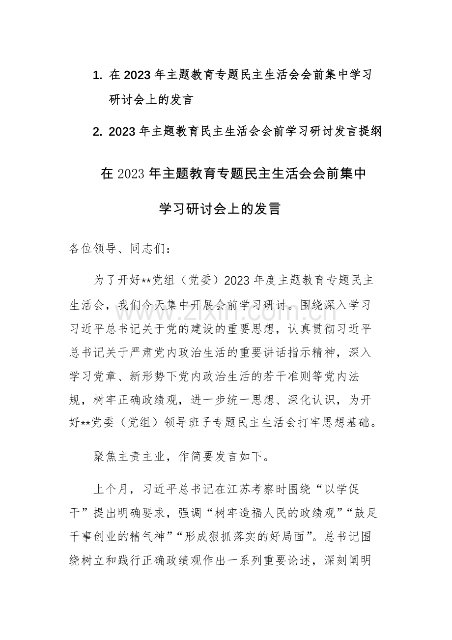 2023年主题教育专题民主生活会会前集中学习研讨会上的发言提纲范文2篇.docx_第1页